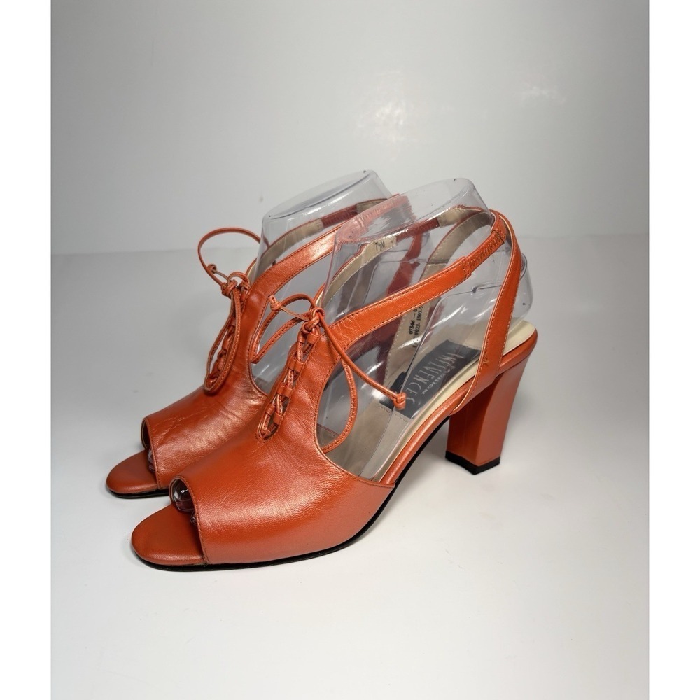 Vtg Style Orange Leather Peep Toe Slingback Block Heel Sandals Size 7.5